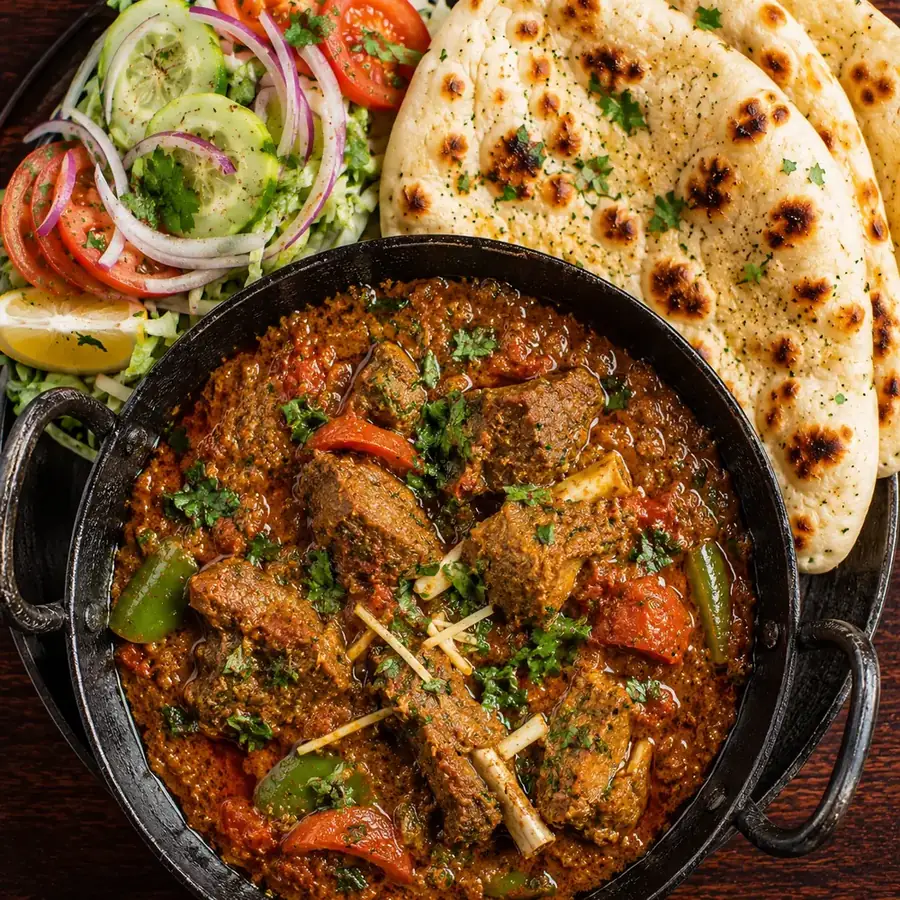 Karahi with naan and salad